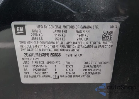 2015 GMC Terrain Sle-1 z USA, uszkodzony, nr VIN 2GKALMEK8F6193838